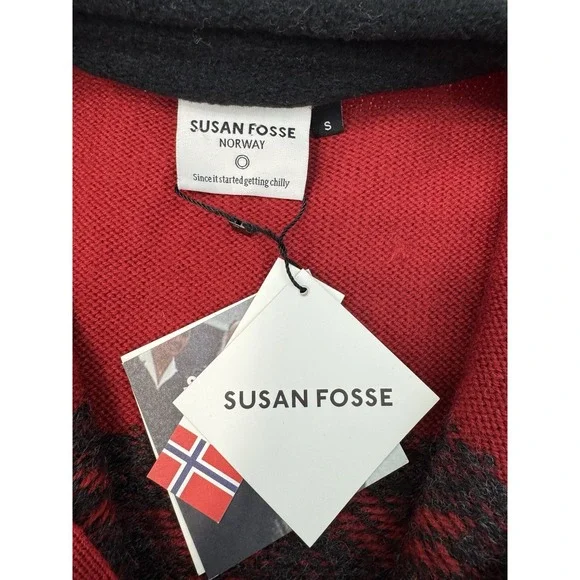 New Susan Fosse Cardigan Aluoen Norway Wool Full Zip Sweater Red Black Small